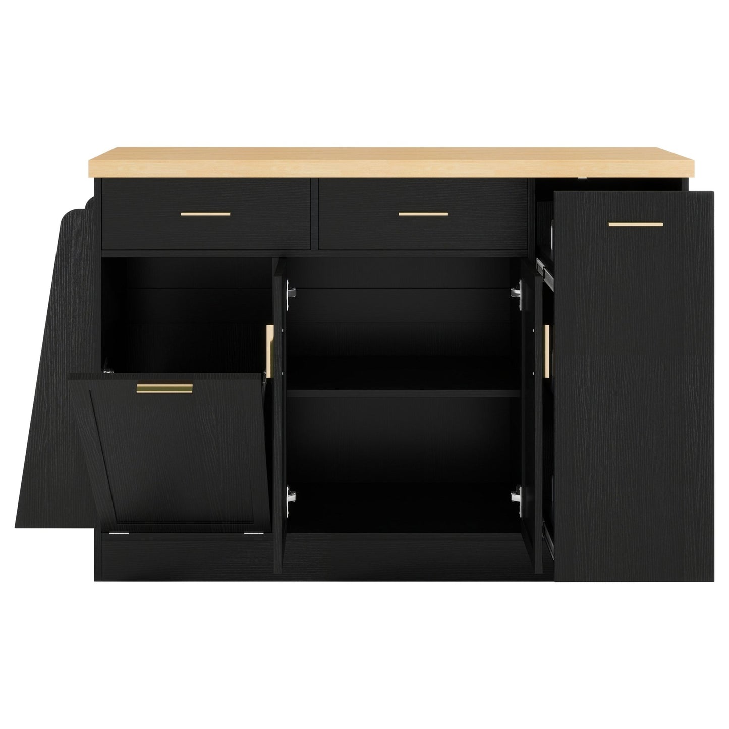 TREXM Multi - Functional Storage Sideboard, Trash Can Storage, Sliding Door Cabinet & 3 - Tier Spice Rack,Kitchen Island Table for Kitchen, Dining Room (Black) - 1st Choice Furniture Direct