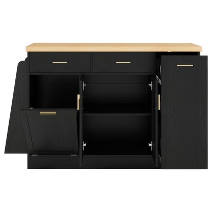 TREXM Multi - Functional Storage Sideboard, Trash Can Storage, Sliding Door Cabinet & 3 - Tier Spice Rack,Kitchen Island Table for Kitchen, Dining Room (Black) - 1st Choice Furniture Direct