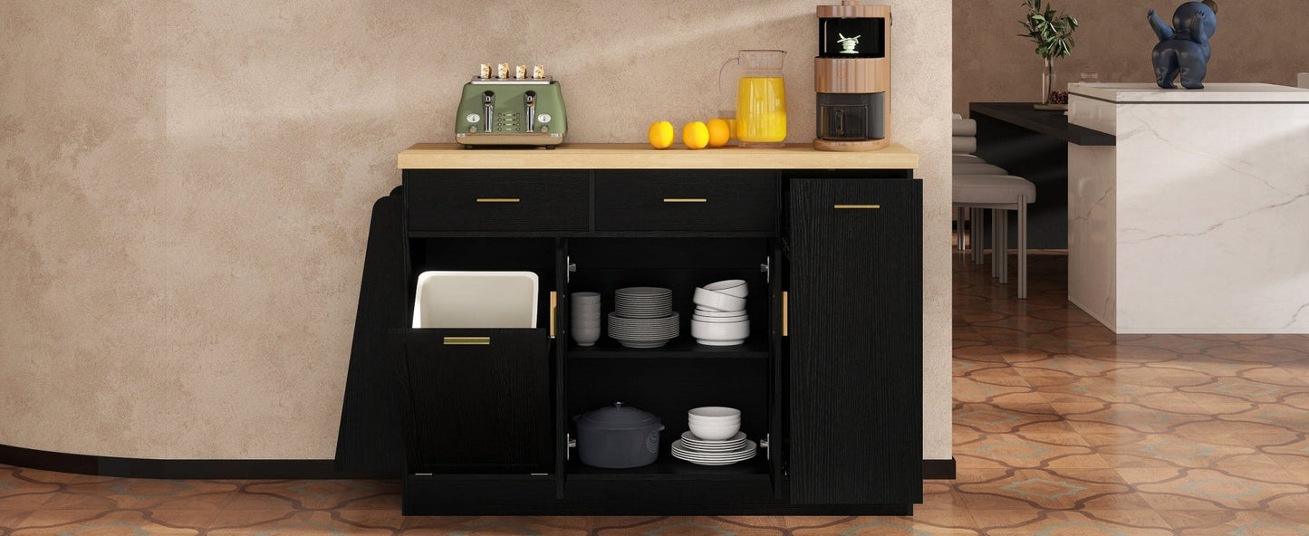 TREXM Multi - Functional Storage Sideboard, Trash Can Storage, Sliding Door Cabinet & 3 - Tier Spice Rack,Kitchen Island Table for Kitchen, Dining Room (Black) - 1st Choice Furniture Direct