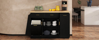 TREXM Multi - Functional Storage Sideboard, Trash Can Storage, Sliding Door Cabinet & 3 - Tier Spice Rack,Kitchen Island Table for Kitchen, Dining Room (Black) - 1st Choice Furniture Direct