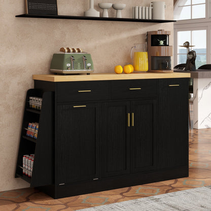 TREXM Multi - Functional Storage Sideboard, Trash Can Storage, Sliding Door Cabinet & 3 - Tier Spice Rack,Kitchen Island Table for Kitchen, Dining Room (Black) - 1st Choice Furniture Direct