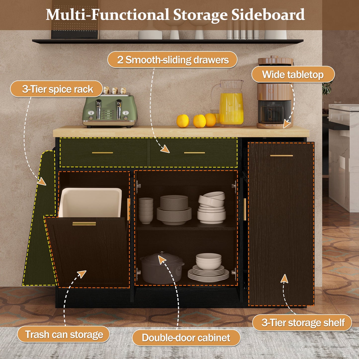 TREXM Multi - Functional Storage Sideboard, Trash Can Storage, Sliding Door Cabinet & 3 - Tier Spice Rack,Kitchen Island Table for Kitchen, Dining Room (Black) - 1st Choice Furniture Direct