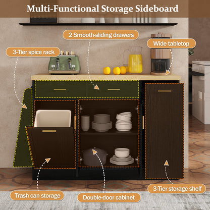 TREXM Multi - Functional Storage Sideboard, Trash Can Storage, Sliding Door Cabinet & 3 - Tier Spice Rack,Kitchen Island Table for Kitchen, Dining Room (Black) - 1st Choice Furniture Direct