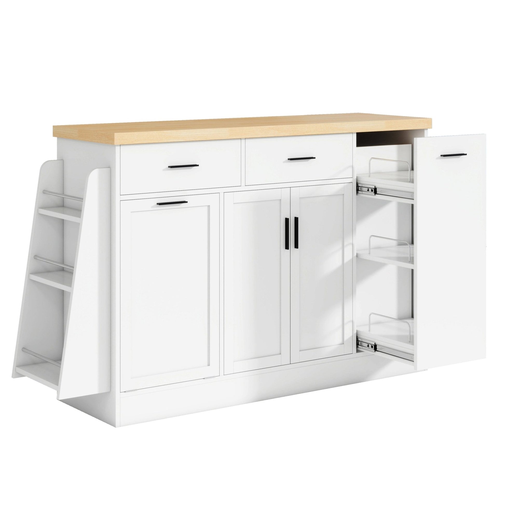 TREXM Multi - Functional Storage Sideboard, Trash Can Storage, Sliding Door Cabinet & 3 - Tier Spice Rack,Kitchen Island Table for Kitchen, Dining Room (White) - 1st Choice Furniture Direct