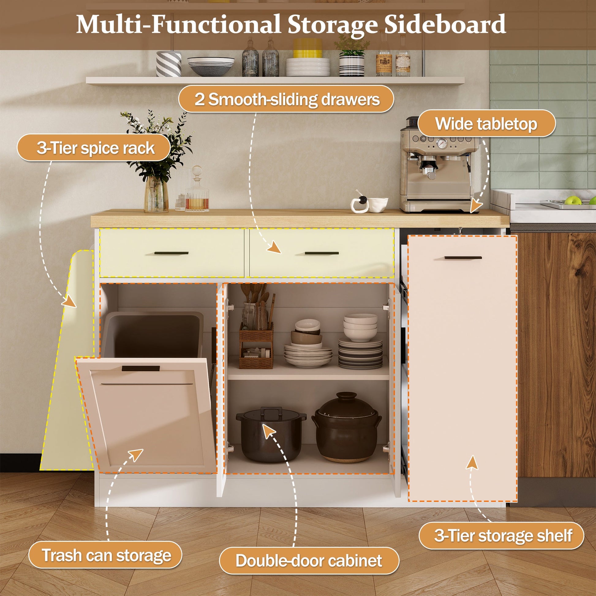TREXM Multi - Functional Storage Sideboard, Trash Can Storage, Sliding Door Cabinet & 3 - Tier Spice Rack,Kitchen Island Table for Kitchen, Dining Room (White) - 1st Choice Furniture Direct