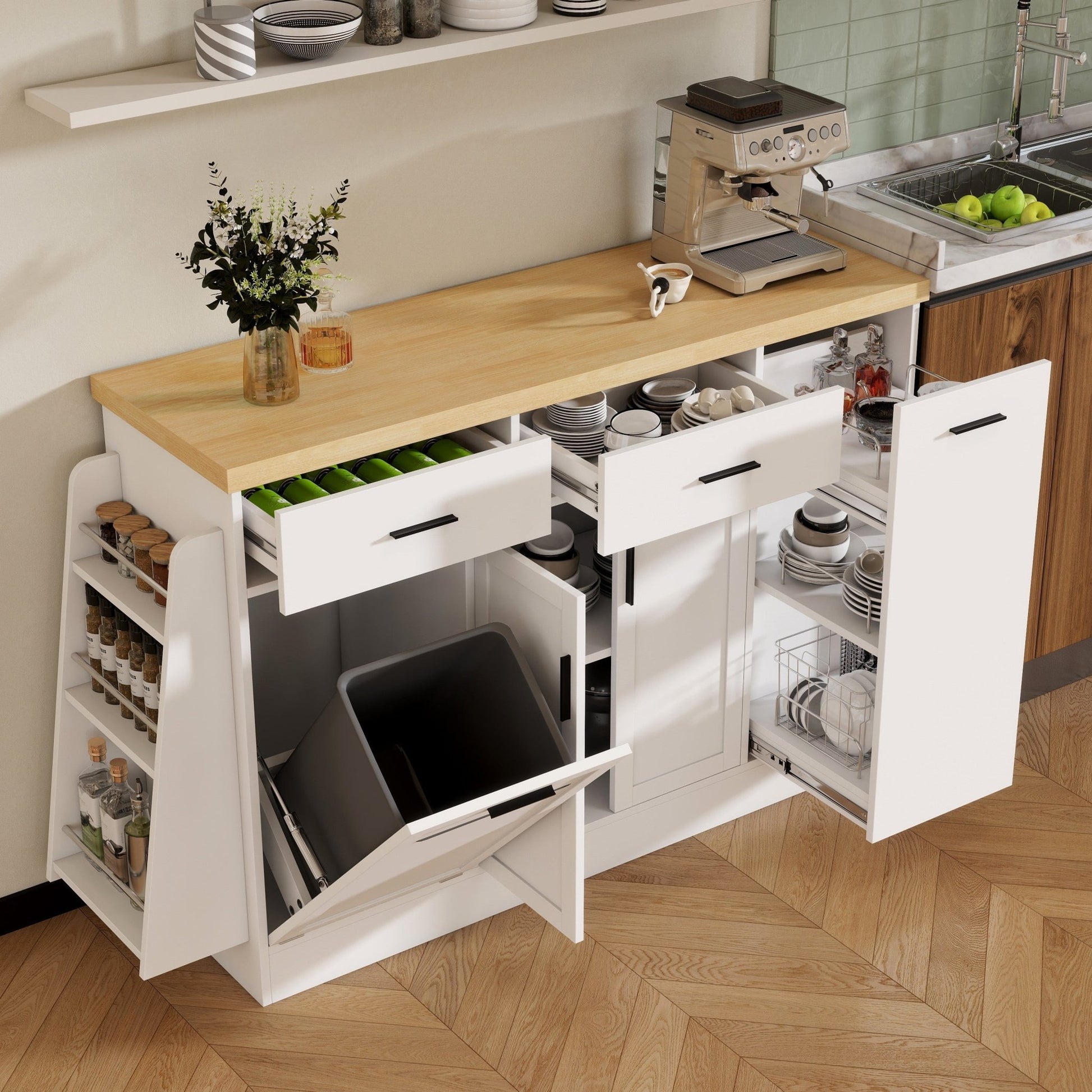TREXM Multi - Functional Storage Sideboard, Trash Can Storage, Sliding Door Cabinet & 3 - Tier Spice Rack,Kitchen Island Table for Kitchen, Dining Room (White) - 1st Choice Furniture Direct