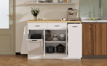 TREXM Multi - Functional Storage Sideboard, Trash Can Storage, Sliding Door Cabinet & 3 - Tier Spice Rack,Kitchen Island Table for Kitchen, Dining Room (White) - 1st Choice Furniture Direct