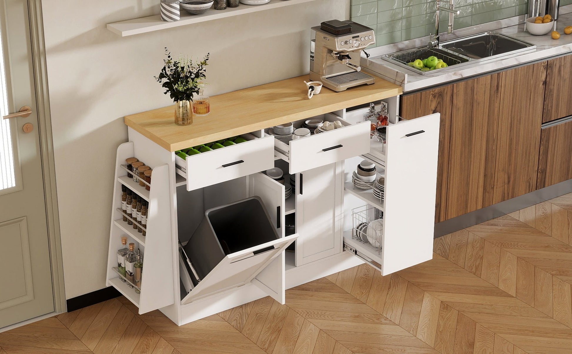 TREXM Multi - Functional Storage Sideboard, Trash Can Storage, Sliding Door Cabinet & 3 - Tier Spice Rack,Kitchen Island Table for Kitchen, Dining Room (White) - 1st Choice Furniture Direct