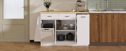 TREXM Multi - Functional Storage Sideboard, Trash Can Storage, Sliding Door Cabinet & 3 - Tier Spice Rack,Kitchen Island Table for Kitchen, Dining Room (White) - 1st Choice Furniture Direct