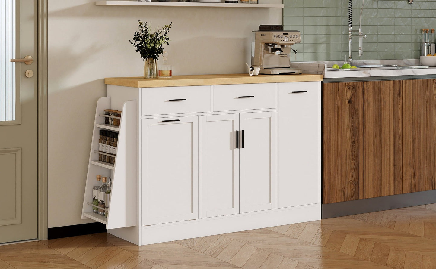 TREXM Multi - Functional Storage Sideboard, Trash Can Storage, Sliding Door Cabinet & 3 - Tier Spice Rack,Kitchen Island Table for Kitchen, Dining Room (White) - 1st Choice Furniture Direct