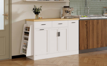 TREXM Multi - Functional Storage Sideboard, Trash Can Storage, Sliding Door Cabinet & 3 - Tier Spice Rack,Kitchen Island Table for Kitchen, Dining Room (White) - 1st Choice Furniture Direct