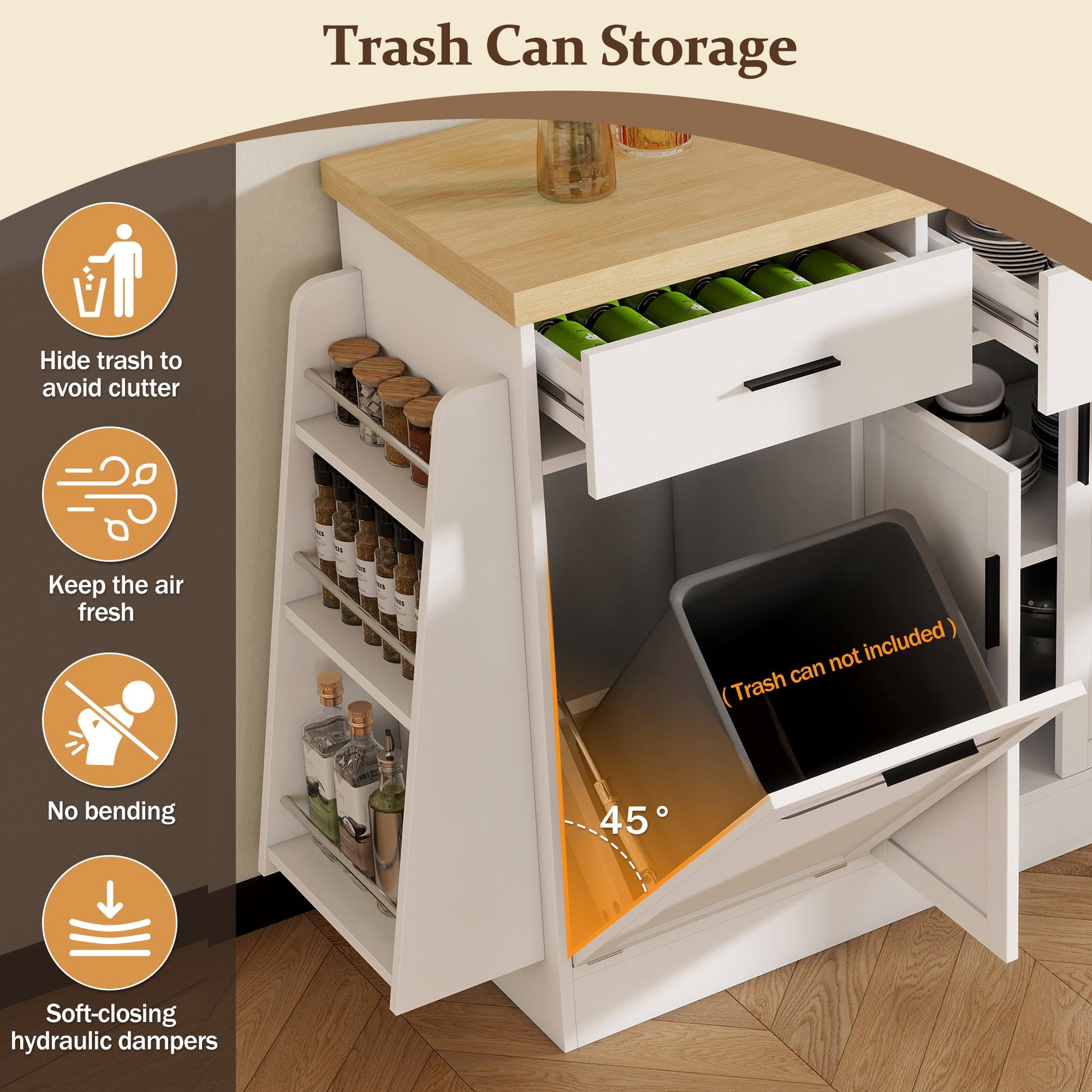 TREXM Multi - Functional Storage Sideboard, Trash Can Storage, Sliding Door Cabinet & 3 - Tier Spice Rack,Kitchen Island Table for Kitchen, Dining Room (White) - 1st Choice Furniture Direct