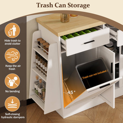 TREXM Multi - Functional Storage Sideboard, Trash Can Storage, Sliding Door Cabinet & 3 - Tier Spice Rack,Kitchen Island Table for Kitchen, Dining Room (White) - 1st Choice Furniture Direct