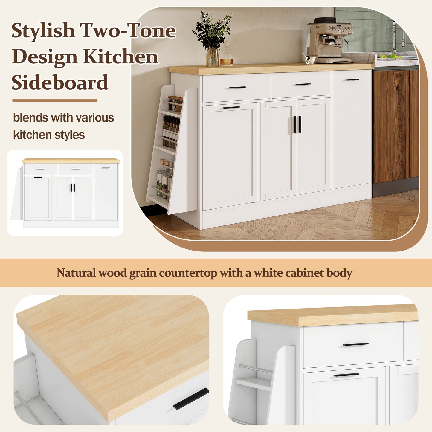 TREXM Multi - Functional Storage Sideboard, Trash Can Storage, Sliding Door Cabinet & 3 - Tier Spice Rack,Kitchen Island Table for Kitchen, Dining Room (White) - 1st Choice Furniture Direct