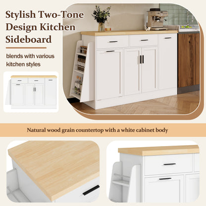 TREXM Multi - Functional Storage Sideboard, Trash Can Storage, Sliding Door Cabinet & 3 - Tier Spice Rack,Kitchen Island Table for Kitchen, Dining Room (White) - 1st Choice Furniture Direct