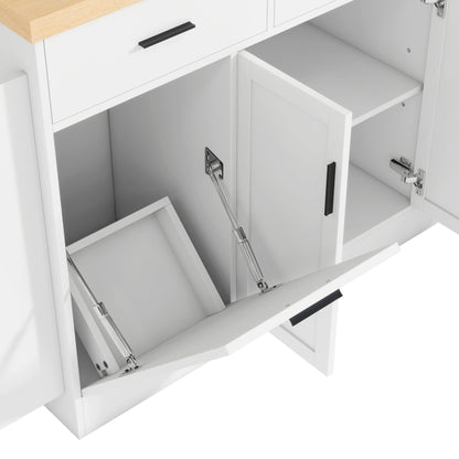 TREXM Multi - Functional Storage Sideboard, Trash Can Storage, Sliding Door Cabinet & 3 - Tier Spice Rack,Kitchen Island Table for Kitchen, Dining Room (White) - 1st Choice Furniture Direct