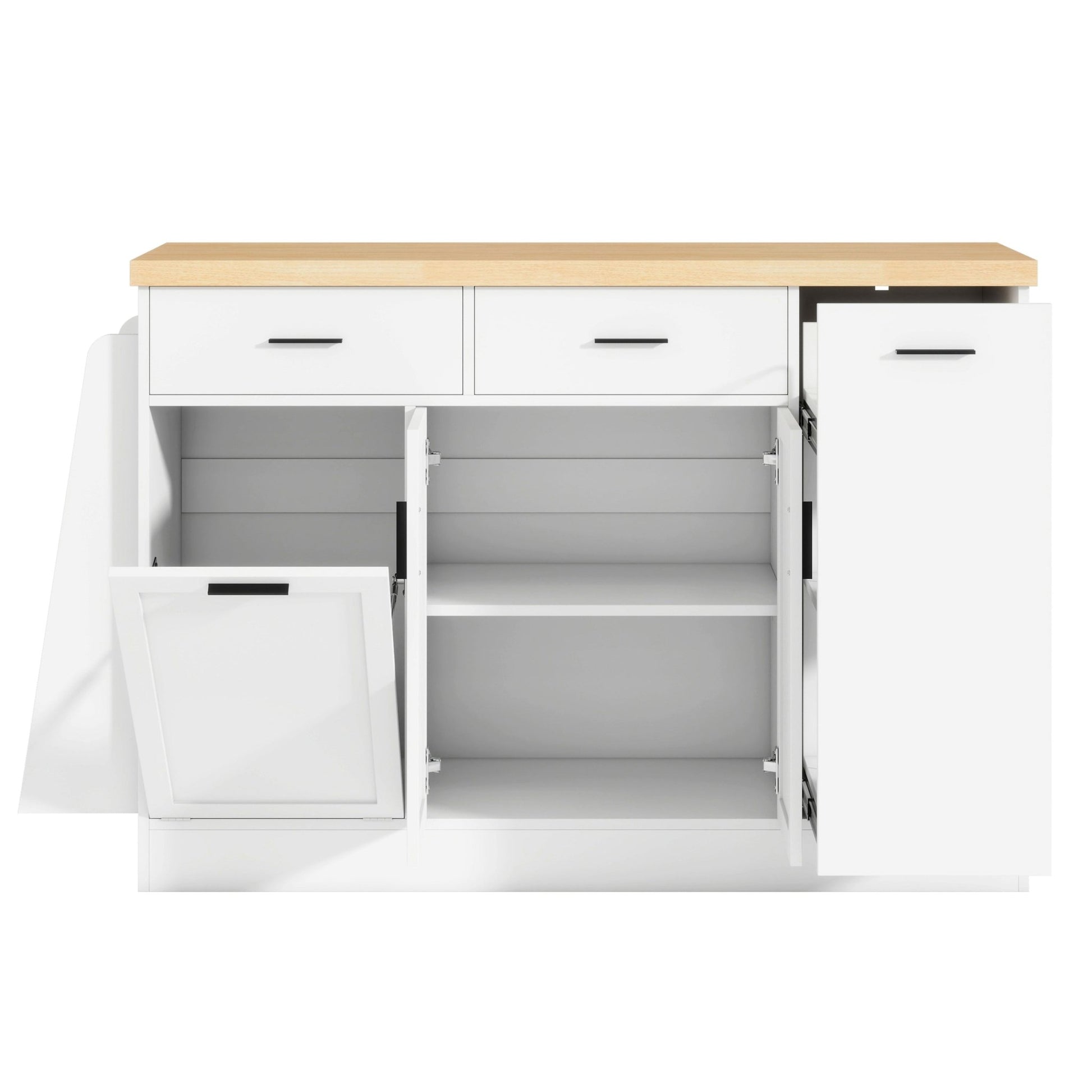 TREXM Multi - Functional Storage Sideboard, Trash Can Storage, Sliding Door Cabinet & 3 - Tier Spice Rack,Kitchen Island Table for Kitchen, Dining Room (White) - 1st Choice Furniture Direct