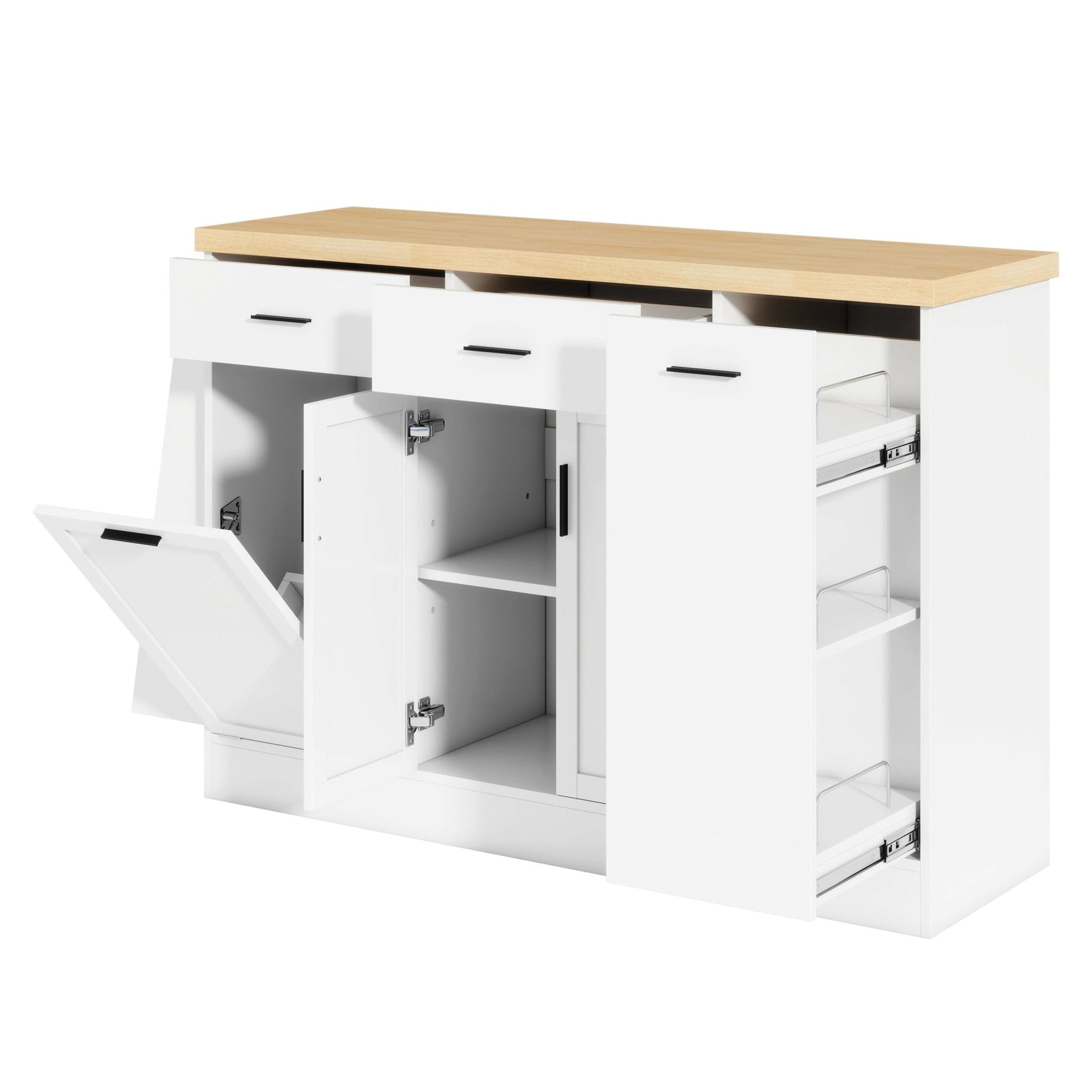 TREXM Multi - Functional Storage Sideboard, Trash Can Storage, Sliding Door Cabinet & 3 - Tier Spice Rack,Kitchen Island Table for Kitchen, Dining Room (White) - 1st Choice Furniture Direct