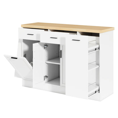 TREXM Multi - Functional Storage Sideboard, Trash Can Storage, Sliding Door Cabinet & 3 - Tier Spice Rack,Kitchen Island Table for Kitchen, Dining Room (White) - 1st Choice Furniture Direct