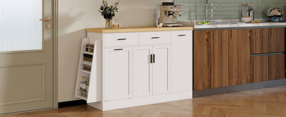 TREXM Multi - Functional Storage Sideboard, Trash Can Storage, Sliding Door Cabinet & 3 - Tier Spice Rack,Kitchen Island Table for Kitchen, Dining Room (White) - 1st Choice Furniture Direct