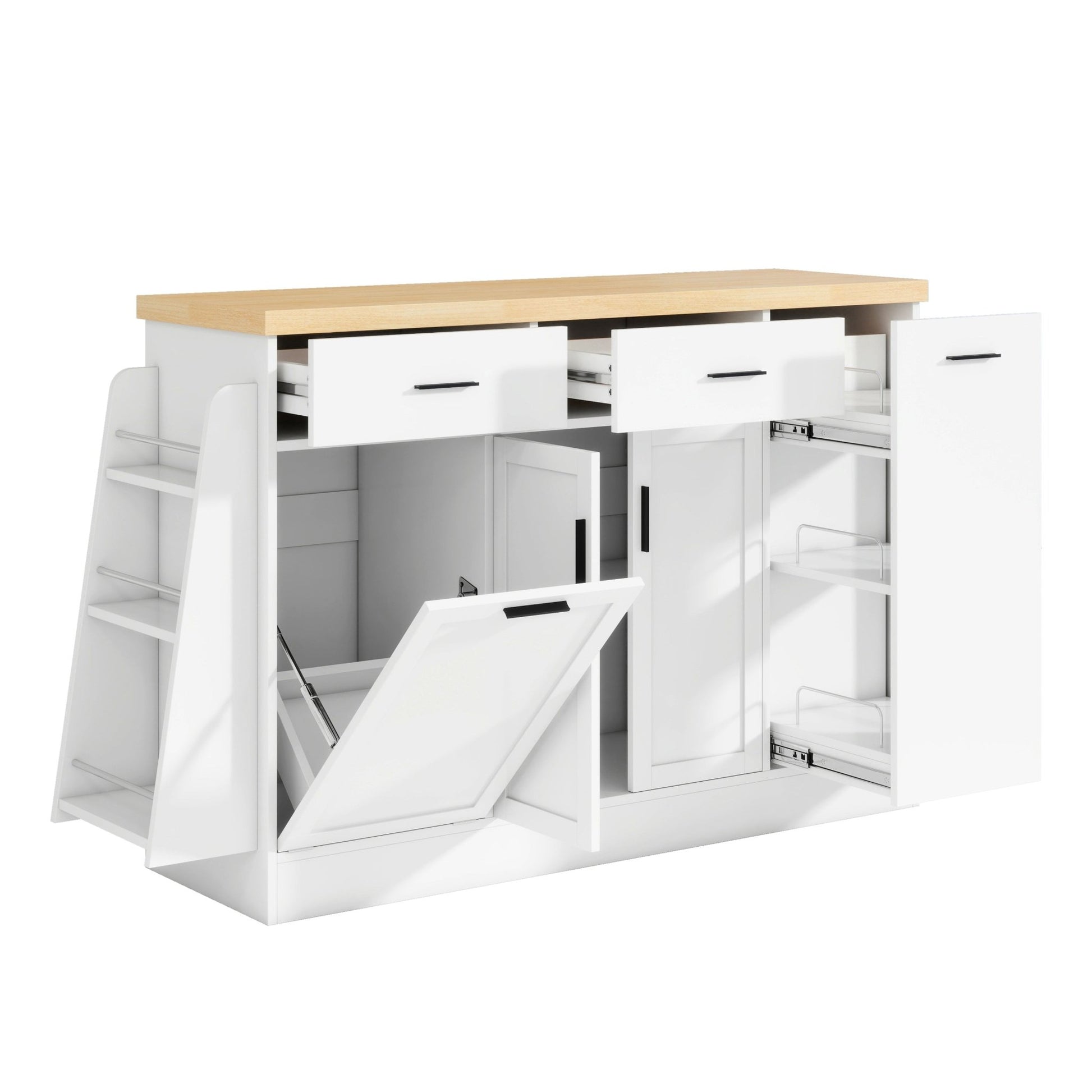 TREXM Multi - Functional Storage Sideboard, Trash Can Storage, Sliding Door Cabinet & 3 - Tier Spice Rack,Kitchen Island Table for Kitchen, Dining Room (White) - 1st Choice Furniture Direct