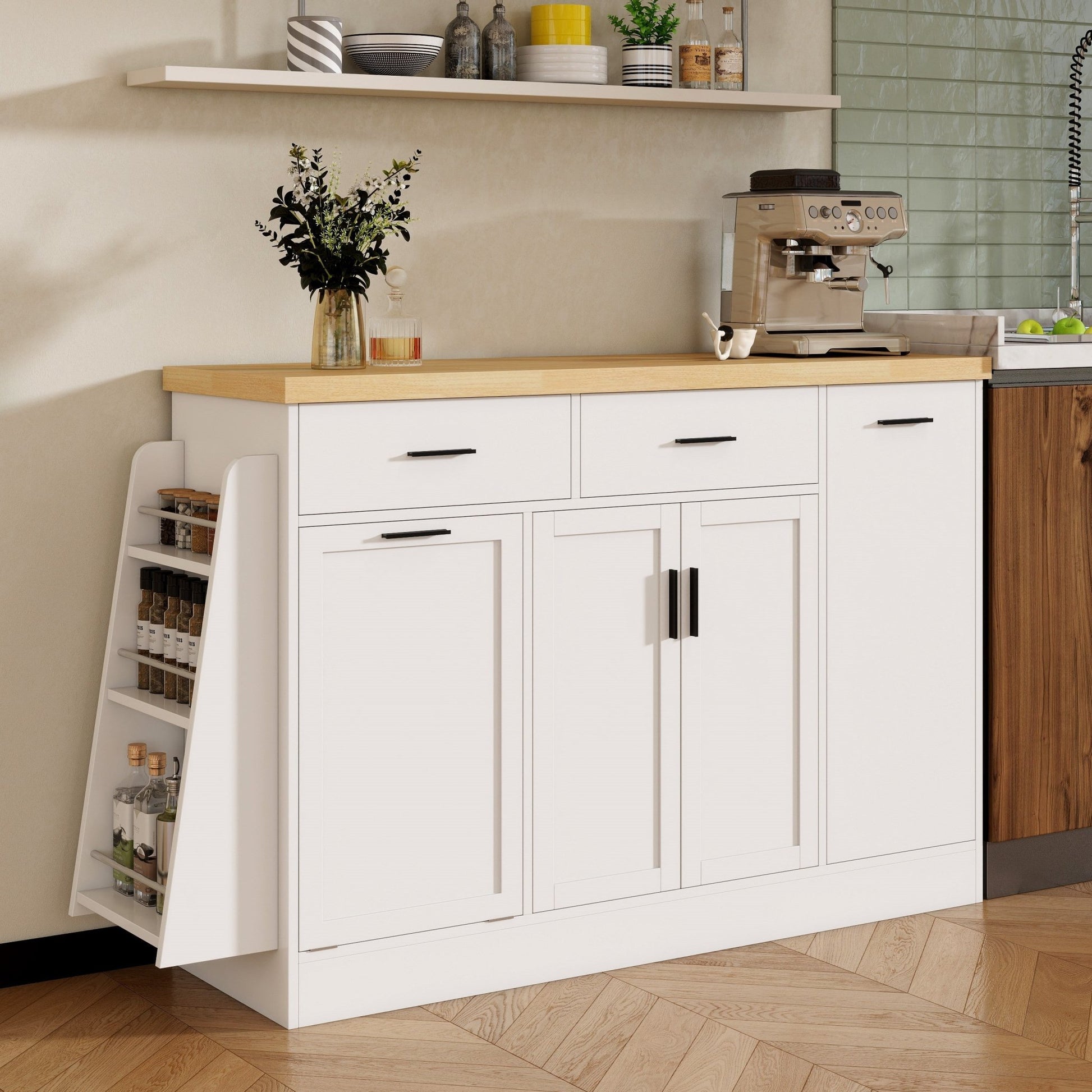 TREXM Multi - Functional Storage Sideboard, Trash Can Storage, Sliding Door Cabinet & 3 - Tier Spice Rack,Kitchen Island Table for Kitchen, Dining Room (White) - 1st Choice Furniture Direct