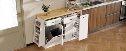 TREXM Multi - Functional Storage Sideboard, Trash Can Storage, Sliding Door Cabinet & 3 - Tier Spice Rack,Kitchen Island Table for Kitchen, Dining Room (White) - 1st Choice Furniture Direct