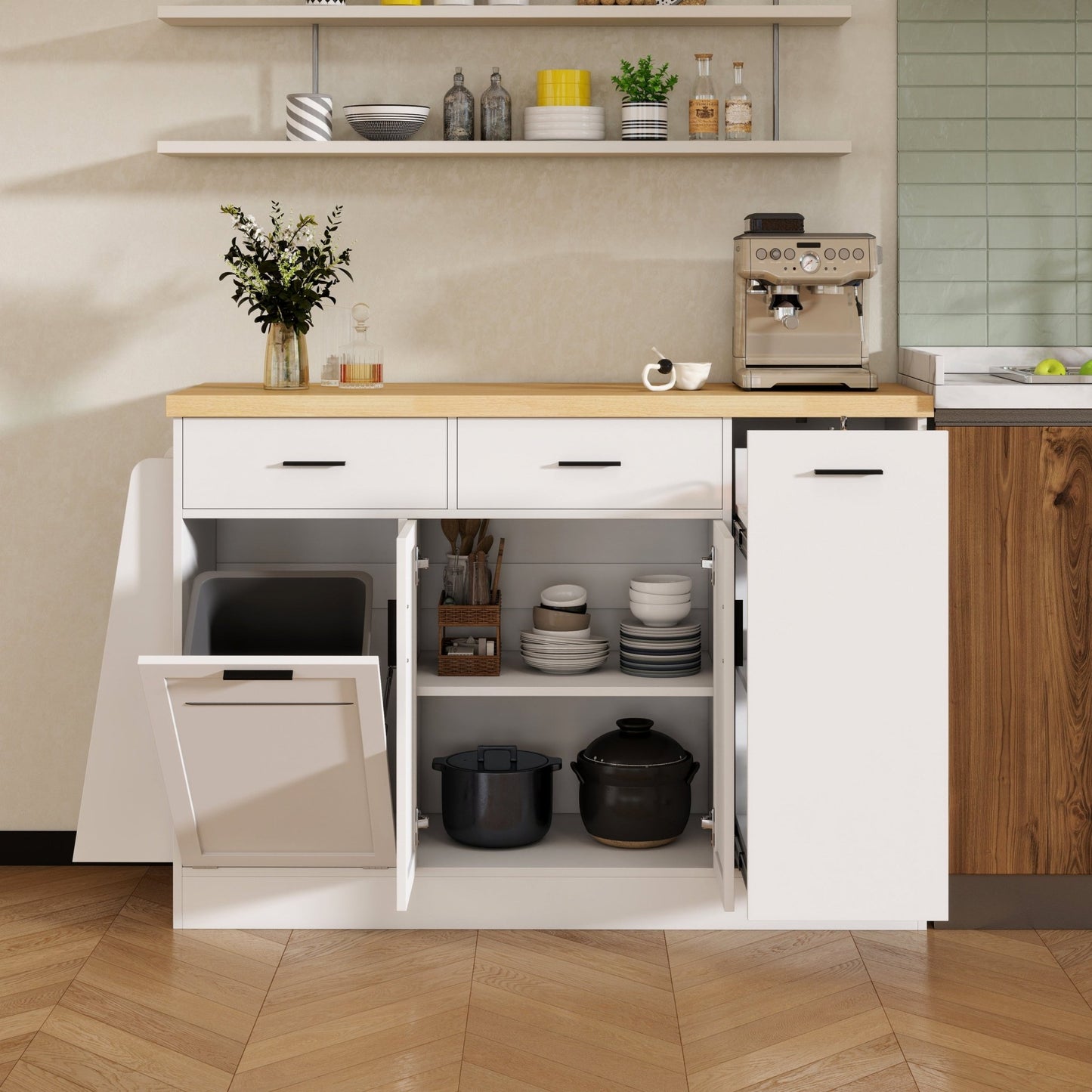 TREXM Multi - Functional Storage Sideboard, Trash Can Storage, Sliding Door Cabinet & 3 - Tier Spice Rack,Kitchen Island Table for Kitchen, Dining Room (White) - 1st Choice Furniture Direct