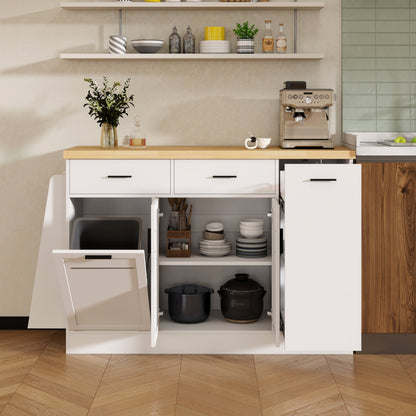 TREXM Multi - Functional Storage Sideboard, Trash Can Storage, Sliding Door Cabinet & 3 - Tier Spice Rack,Kitchen Island Table for Kitchen, Dining Room (White) - 1st Choice Furniture Direct