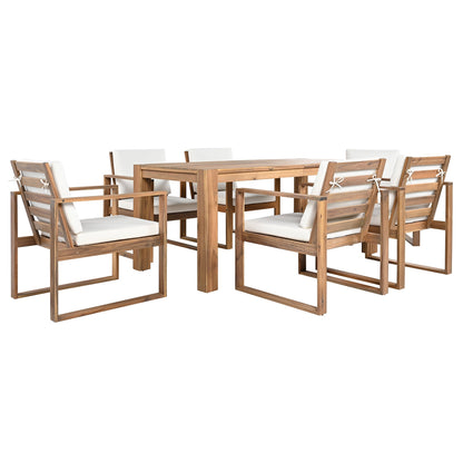 TREXM Patio Table and Chairs Set, Outdoor Dining Set for 6 with Umbrella Hole, 7 Piece Outdoor Patio Furniture Set Wood Frame with Removable Cushion for Garden, Backyard, Lawn, and Poolside - 1st Choice Furniture Direct