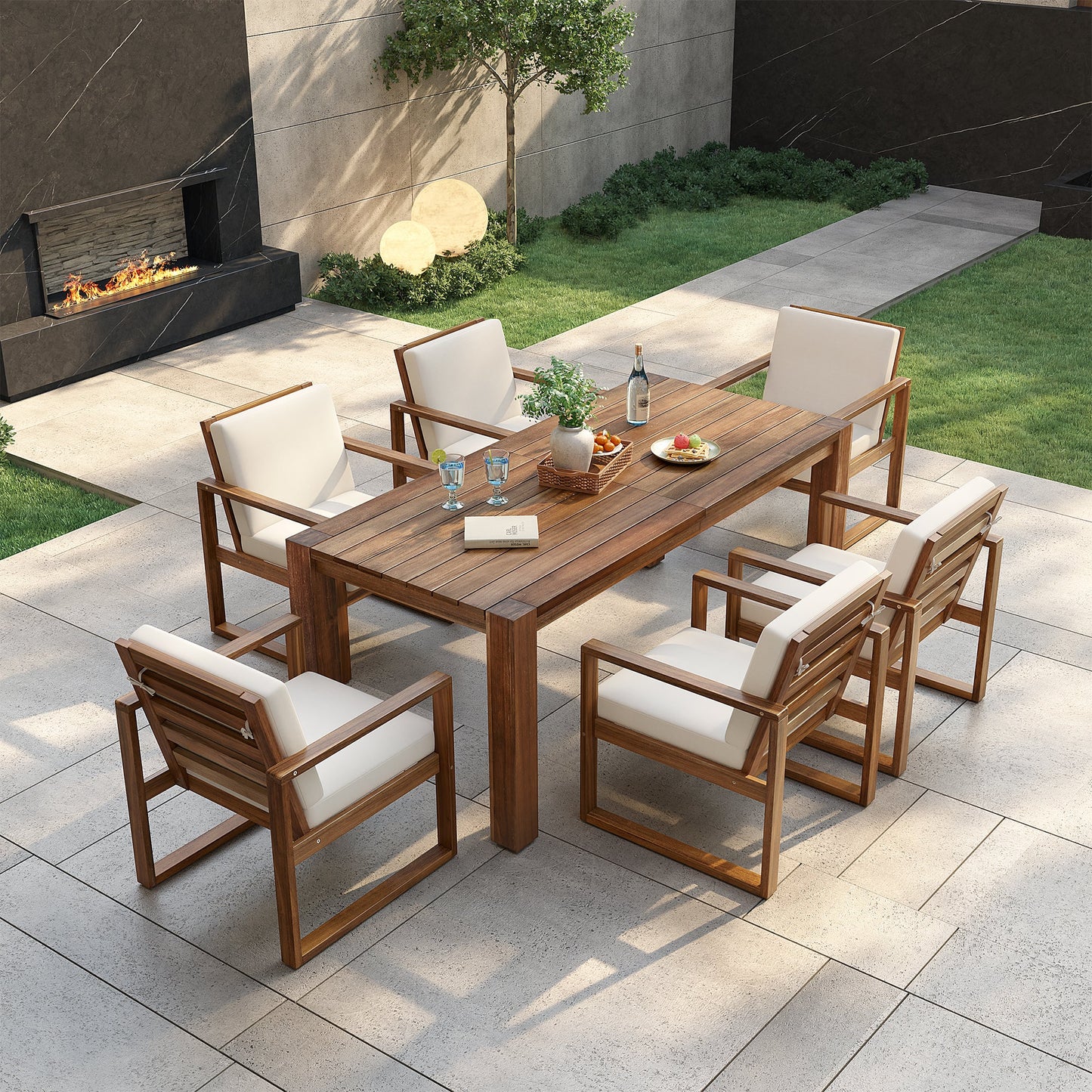 TREXM Patio Table and Chairs Set, Outdoor Dining Set for 6 with Umbrella Hole, 7 Piece Outdoor Patio Furniture Set Wood Frame with Removable Cushion for Garden, Backyard, Lawn, and Poolside - 1st Choice Furniture Direct