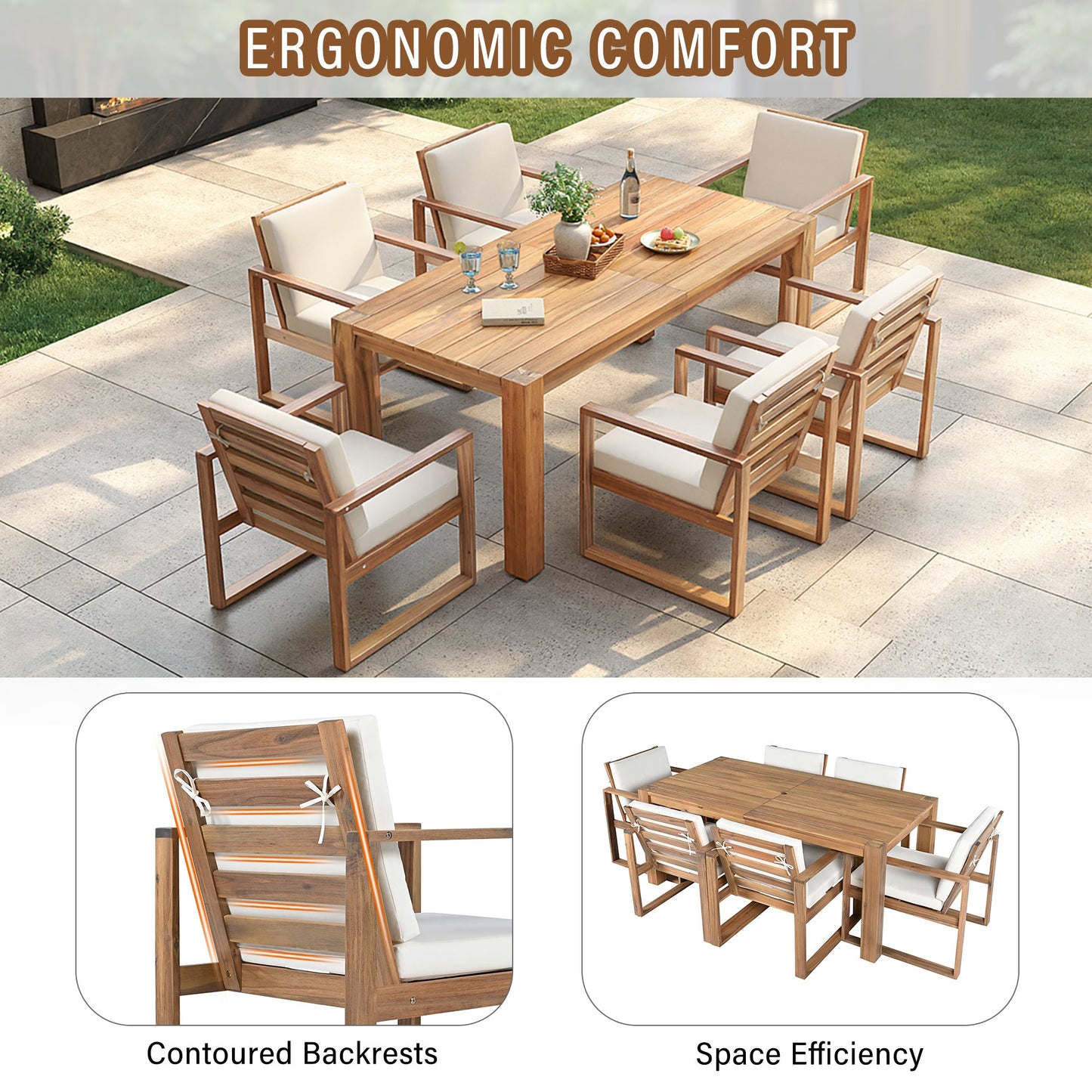 TREXM Patio Table and Chairs Set, Outdoor Dining Set for 6 with Umbrella Hole, 7 Piece Outdoor Patio Furniture Set Wood Frame with Removable Cushion for Garden, Backyard, Lawn, and Poolside - 1st Choice Furniture Direct