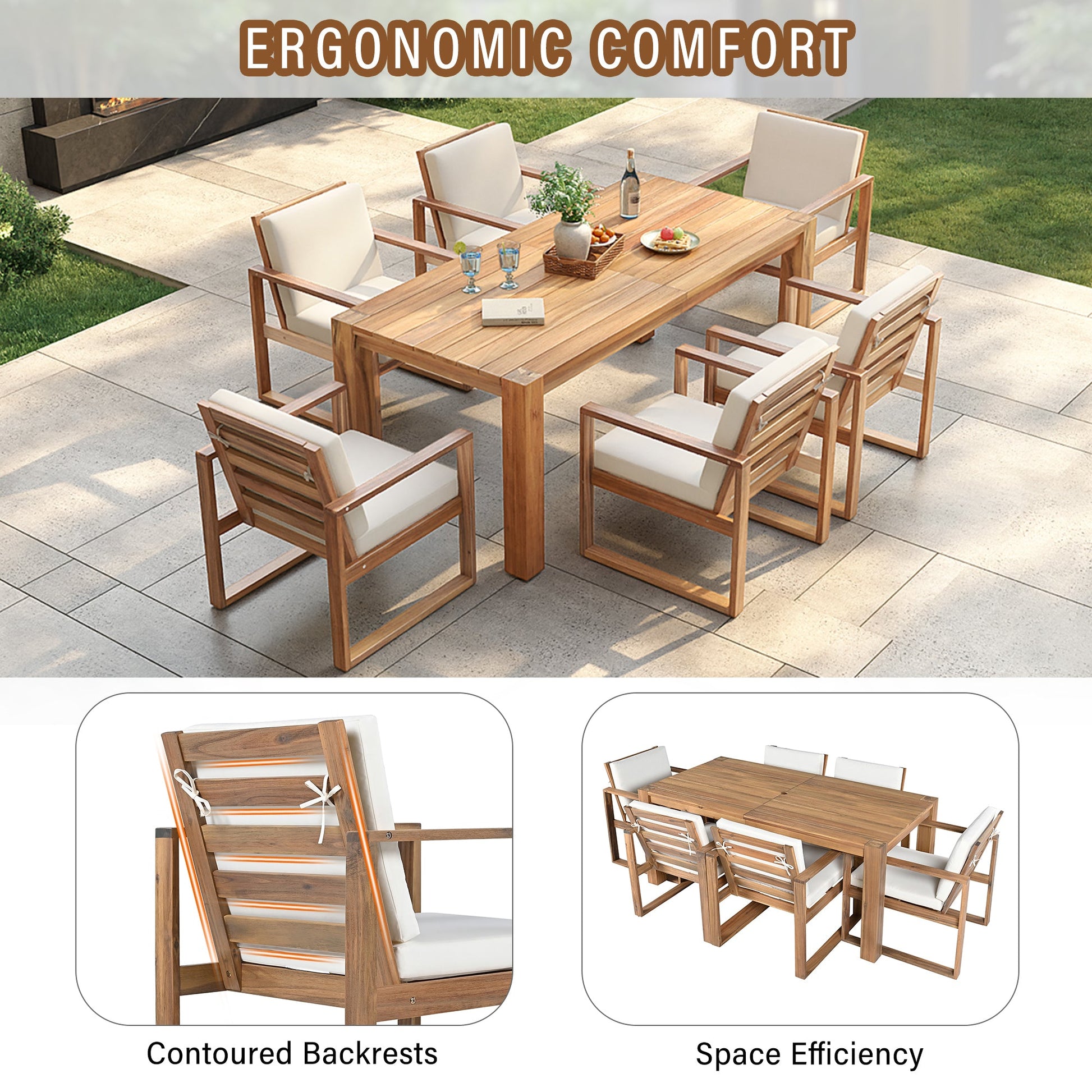 TREXM Patio Table and Chairs Set, Outdoor Dining Set for 6 with Umbrella Hole, 7 Piece Outdoor Patio Furniture Set Wood Frame with Removable Cushion for Garden, Backyard, Lawn, and Poolside - 1st Choice Furniture Direct