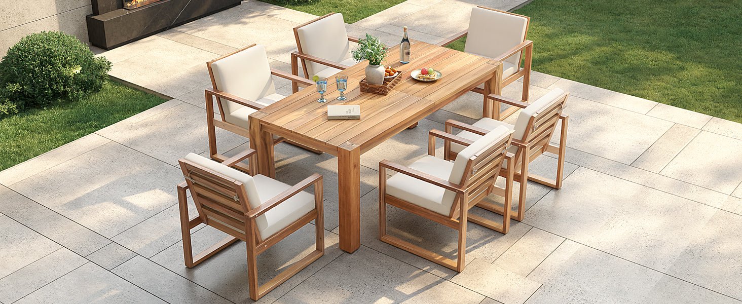 TREXM Patio Table and Chairs Set, Outdoor Dining Set for 6 with Umbrella Hole, 7 Piece Outdoor Patio Furniture Set Wood Frame with Removable Cushion for Garden, Backyard, Lawn, and Poolside - 1st Choice Furniture Direct