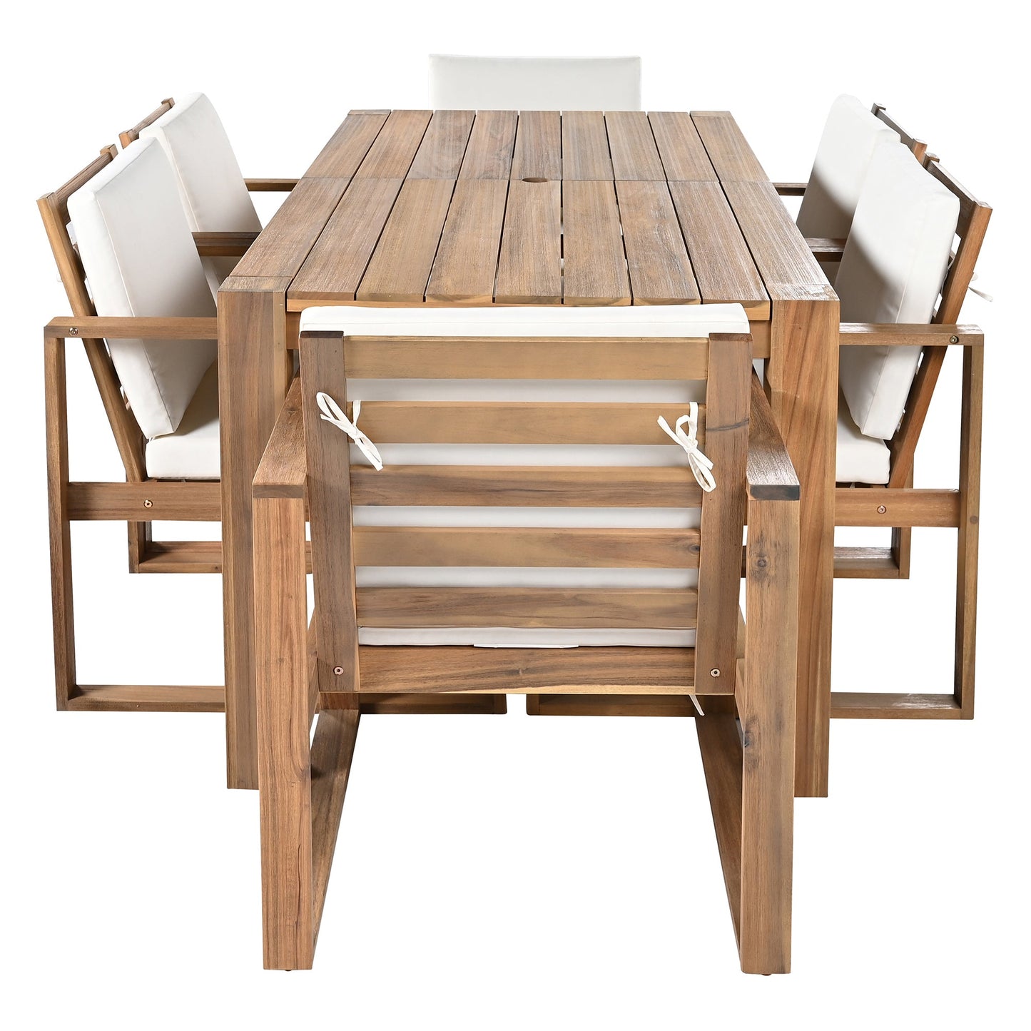 TREXM Patio Table and Chairs Set, Outdoor Dining Set for 6 with Umbrella Hole, 7 Piece Outdoor Patio Furniture Set Wood Frame with Removable Cushion for Garden, Backyard, Lawn, and Poolside - 1st Choice Furniture Direct