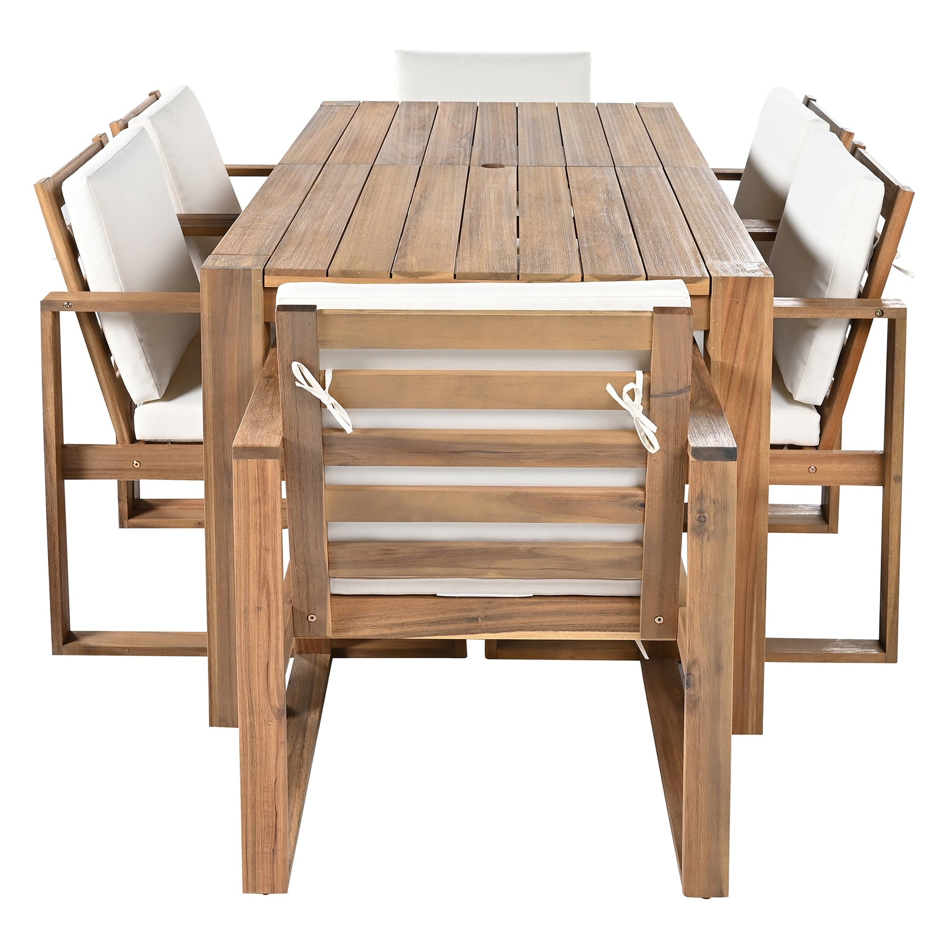 TREXM Patio Table and Chairs Set, Outdoor Dining Set for 6 with Umbrella Hole, 7 Piece Outdoor Patio Furniture Set Wood Frame with Removable Cushion for Garden, Backyard, Lawn, and Poolside - 1st Choice Furniture Direct