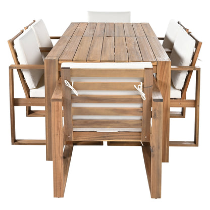 TREXM Patio Table and Chairs Set, Outdoor Dining Set for 6 with Umbrella Hole, 7 Piece Outdoor Patio Furniture Set Wood Frame with Removable Cushion for Garden, Backyard, Lawn, and Poolside - 1st Choice Furniture Direct