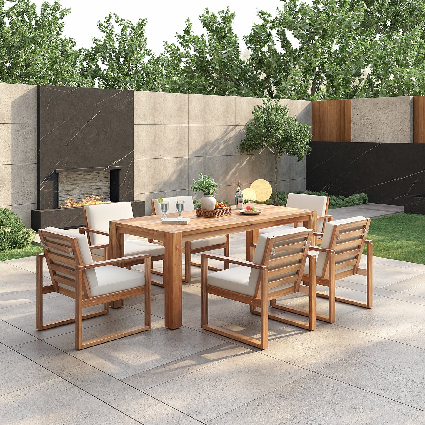 TREXM Patio Table and Chairs Set, Outdoor Dining Set for 6 with Umbrella Hole, 7 Piece Outdoor Patio Furniture Set Wood Frame with Removable Cushion for Garden, Backyard, Lawn, and Poolside - 1st Choice Furniture Direct