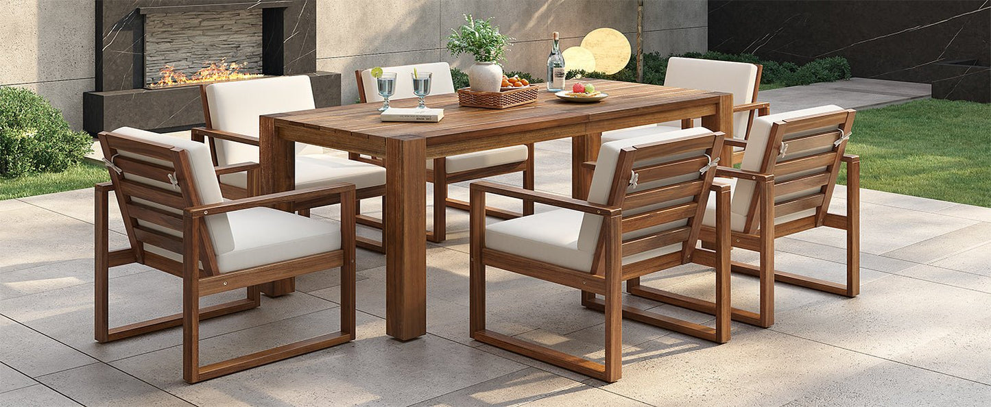 TREXM Patio Table and Chairs Set, Outdoor Dining Set for 6 with Umbrella Hole, 7 Piece Outdoor Patio Furniture Set Wood Frame with Removable Cushion for Garden, Backyard, Lawn, and Poolside - 1st Choice Furniture Direct