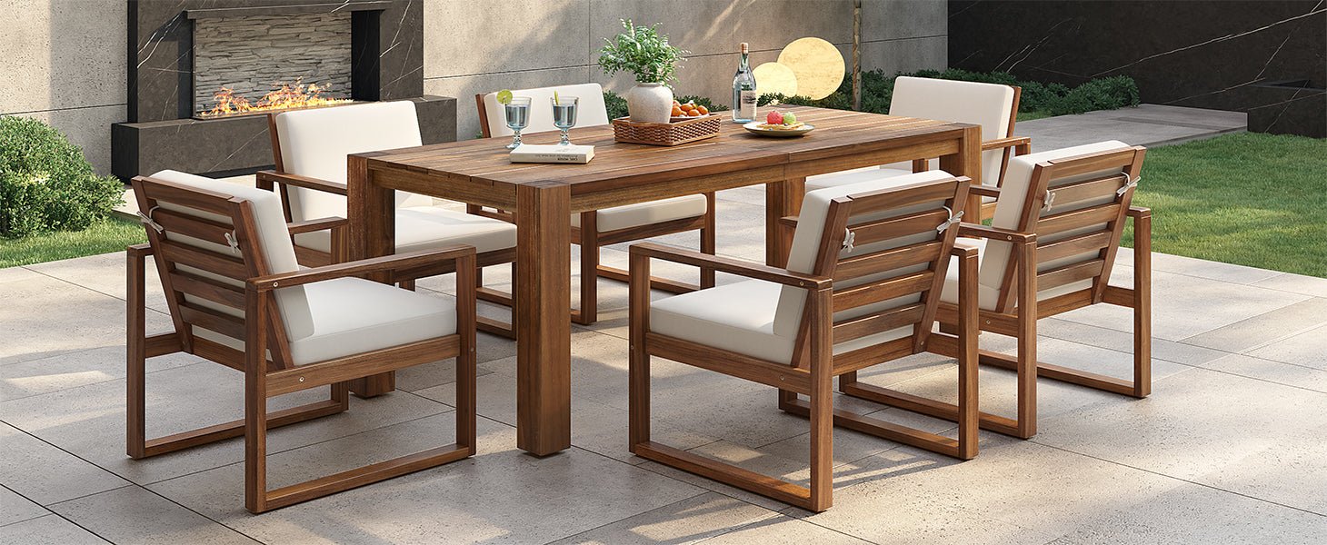 TREXM Patio Table and Chairs Set, Outdoor Dining Set for 6 with Umbrella Hole, 7 Piece Outdoor Patio Furniture Set Wood Frame with Removable Cushion for Garden, Backyard, Lawn, and Poolside - 1st Choice Furniture Direct