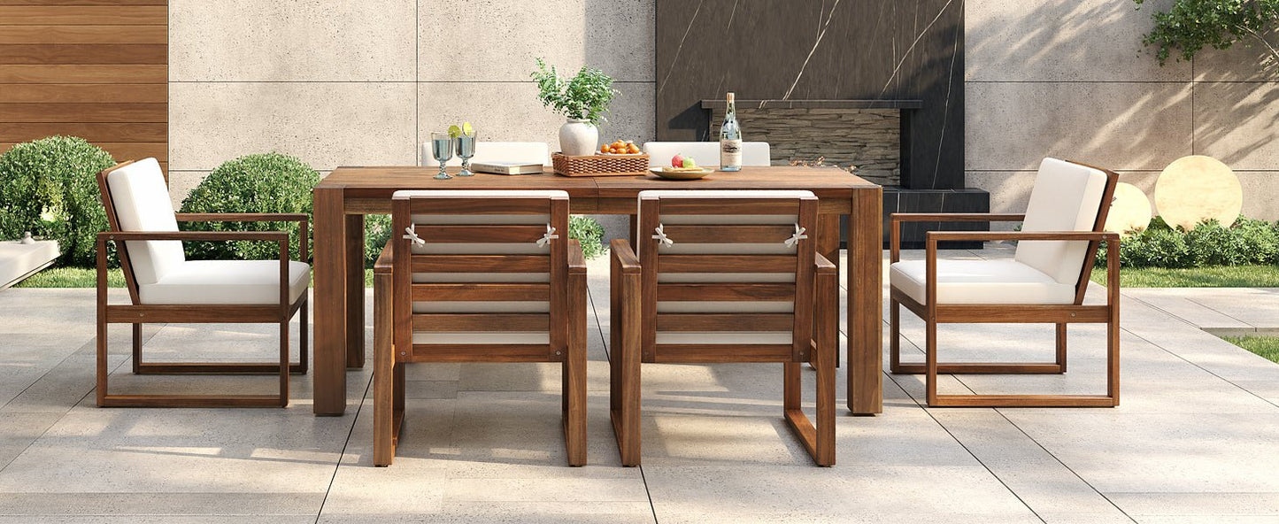 TREXM Patio Table and Chairs Set, Outdoor Dining Set for 6 with Umbrella Hole, 7 Piece Outdoor Patio Furniture Set Wood Frame with Removable Cushion for Garden, Backyard, Lawn, and Poolside - 1st Choice Furniture Direct