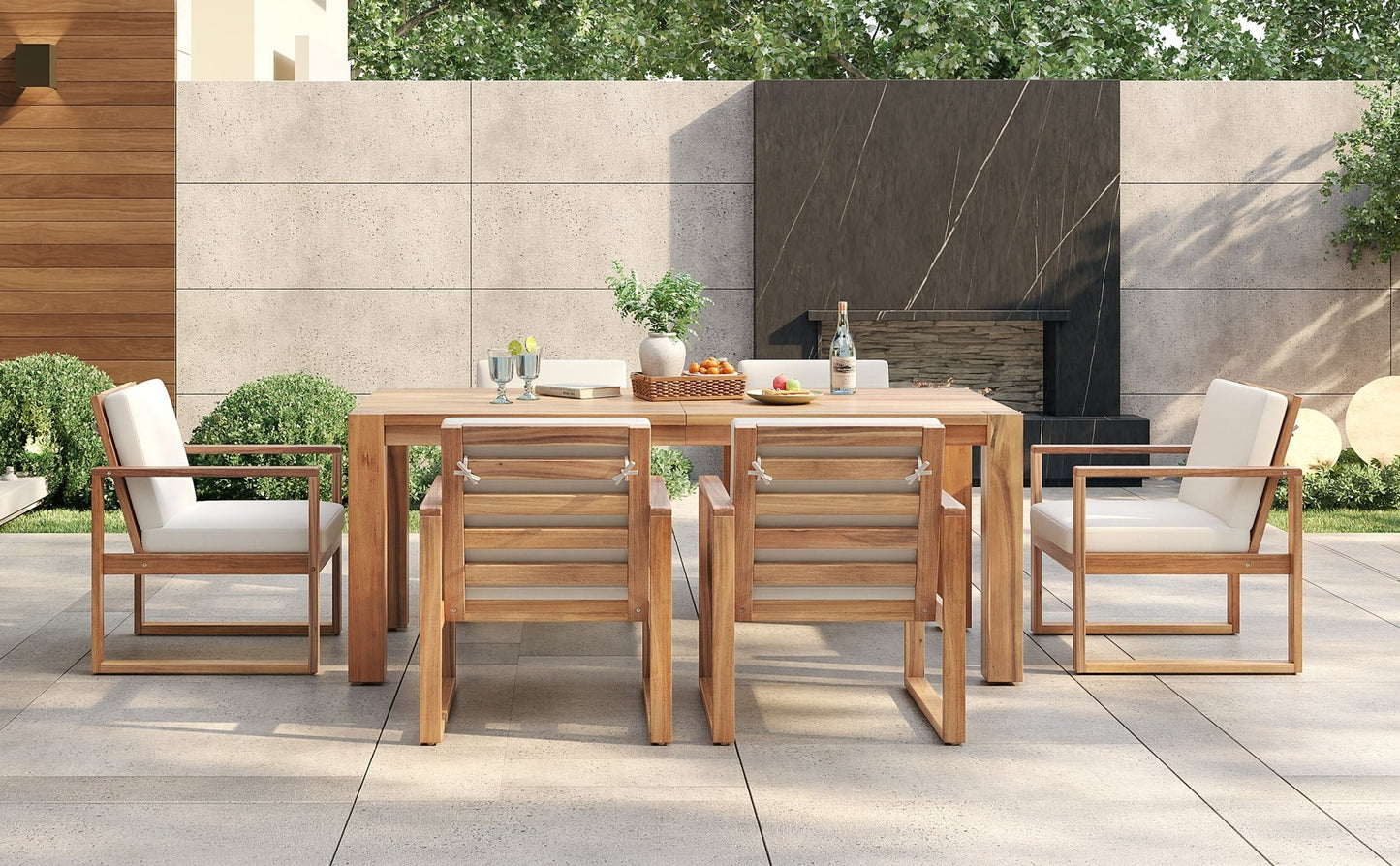 TREXM Patio Table and Chairs Set, Outdoor Dining Set for 6 with Umbrella Hole, 7 Piece Outdoor Patio Furniture Set Wood Frame with Removable Cushion for Garden, Backyard, Lawn, and Poolside - 1st Choice Furniture Direct