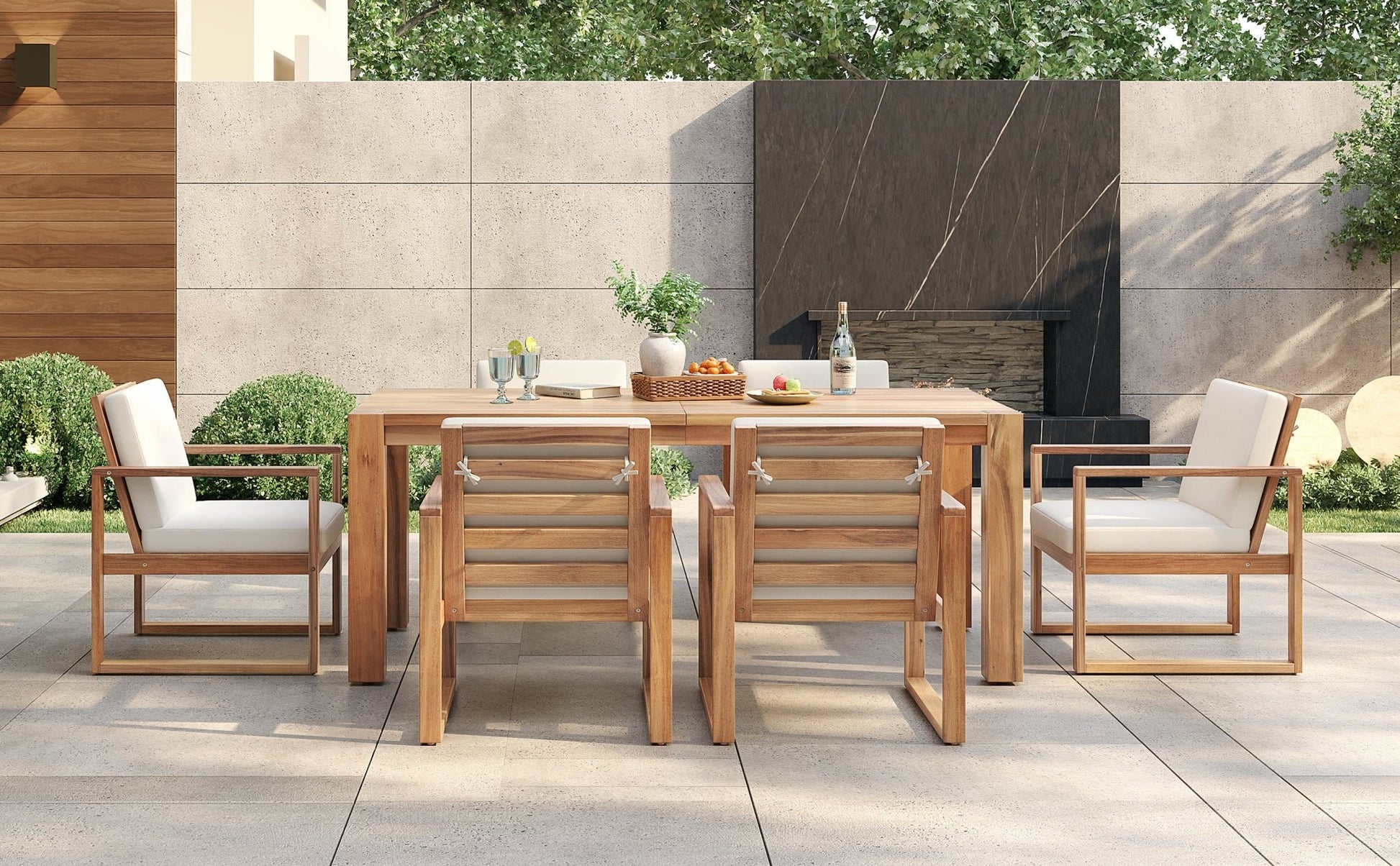 TREXM Patio Table and Chairs Set, Outdoor Dining Set for 6 with Umbrella Hole, 7 Piece Outdoor Patio Furniture Set Wood Frame with Removable Cushion for Garden, Backyard, Lawn, and Poolside - 1st Choice Furniture Direct