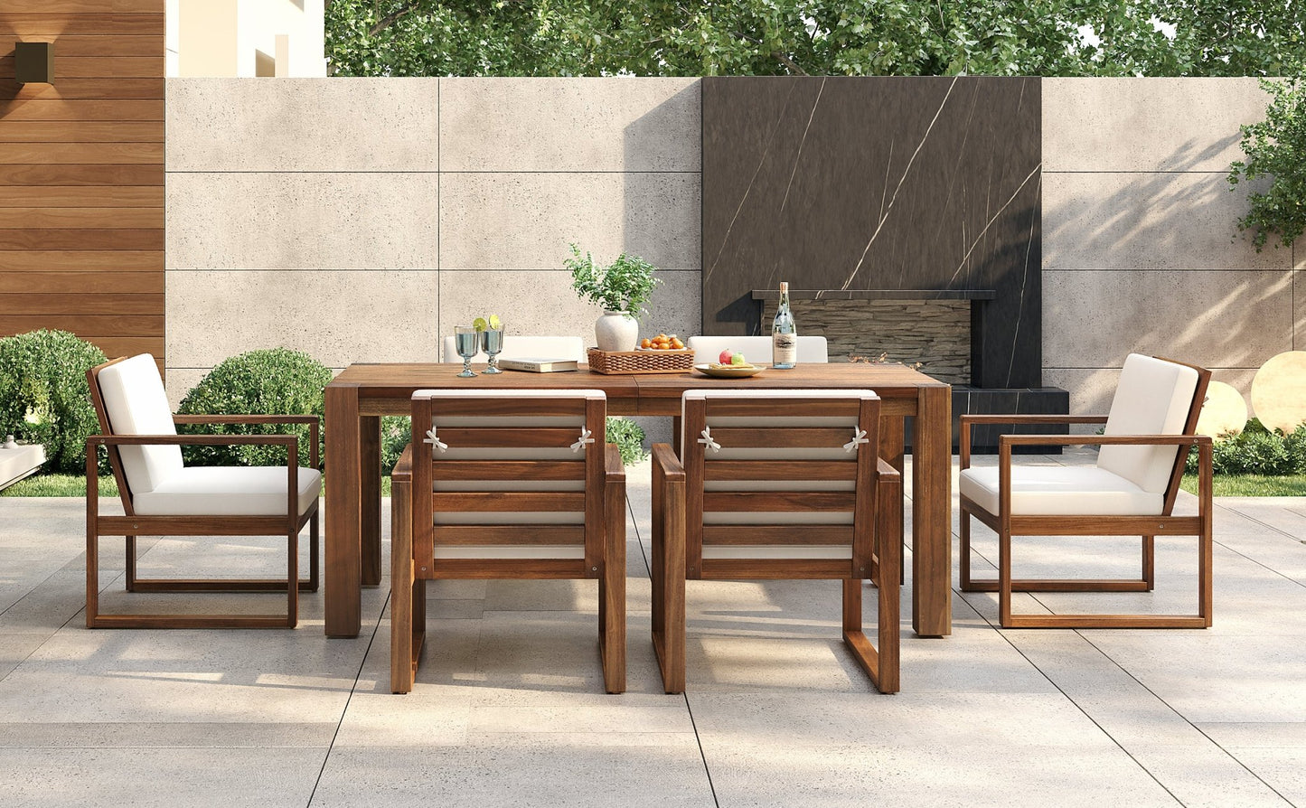 TREXM Patio Table and Chairs Set, Outdoor Dining Set for 6 with Umbrella Hole, 7 Piece Outdoor Patio Furniture Set Wood Frame with Removable Cushion for Garden, Backyard, Lawn, and Poolside - 1st Choice Furniture Direct