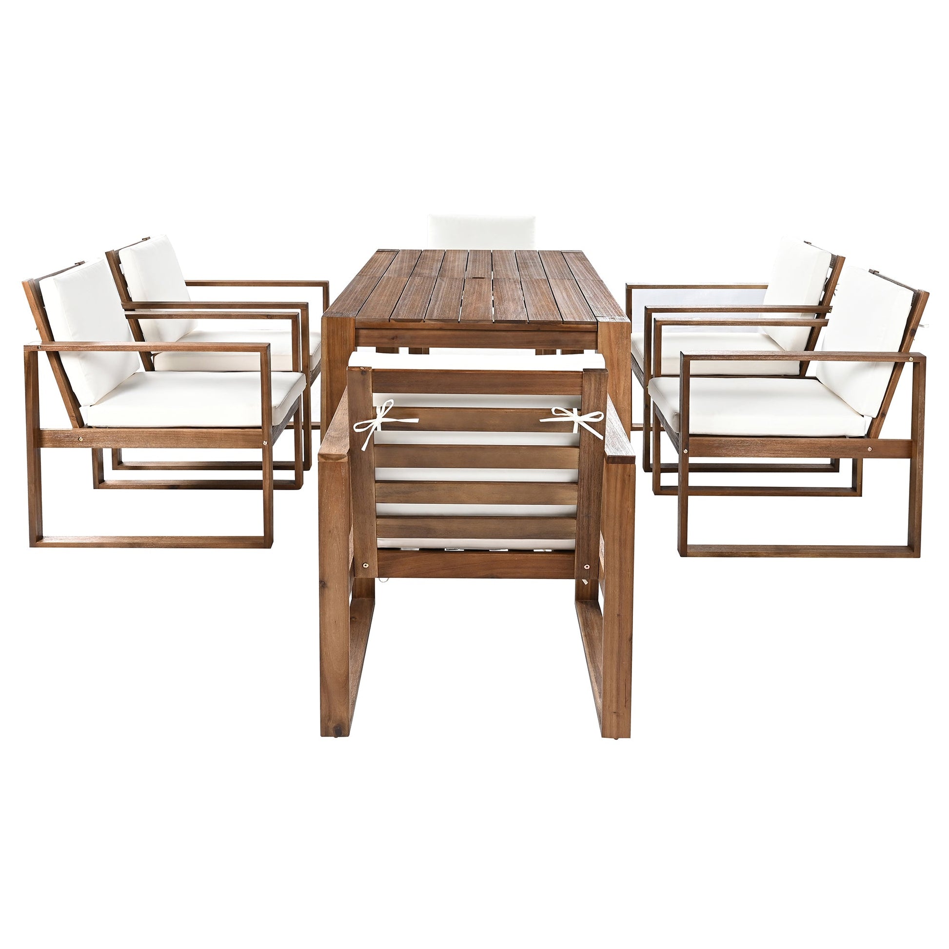 TREXM Patio Table and Chairs Set, Outdoor Dining Set for 6 with Umbrella Hole, 7 Piece Outdoor Patio Furniture Set Wood Frame with Removable Cushion for Garden, Backyard, Lawn, and Poolside - 1st Choice Furniture Direct