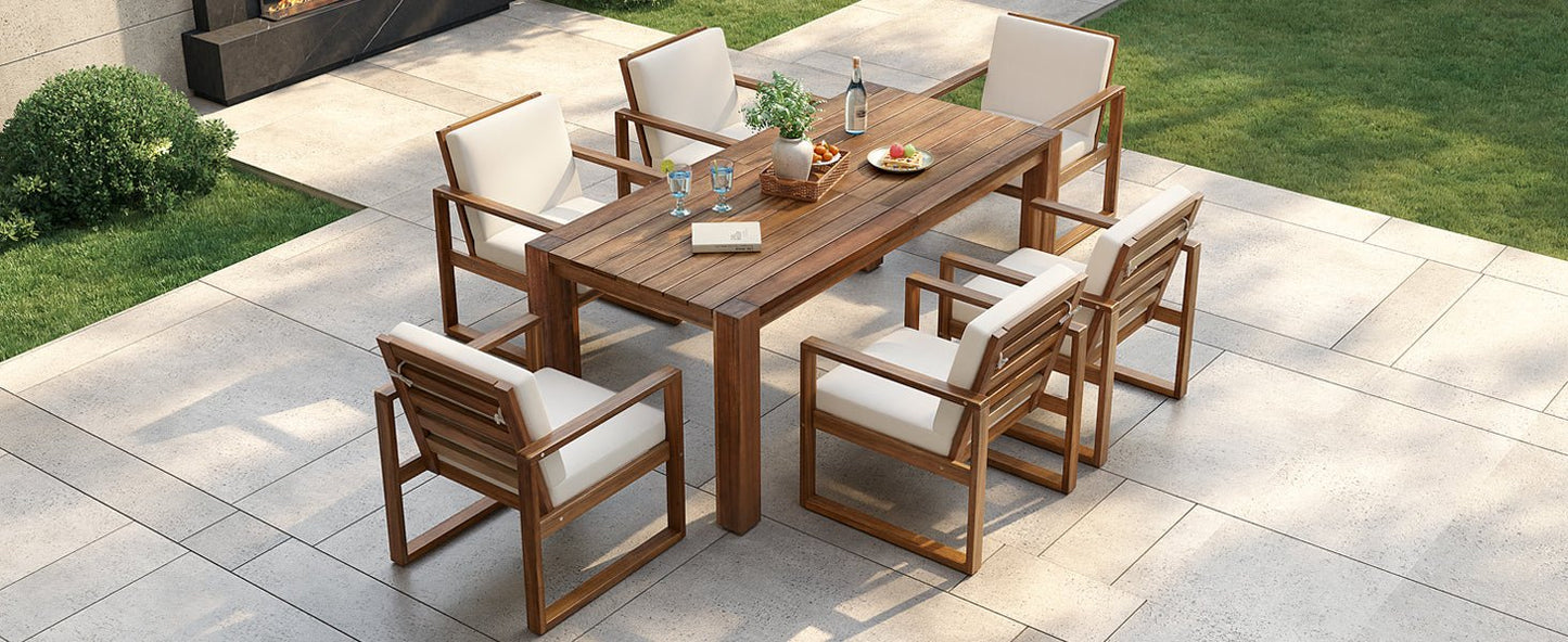 TREXM Patio Table and Chairs Set, Outdoor Dining Set for 6 with Umbrella Hole, 7 Piece Outdoor Patio Furniture Set Wood Frame with Removable Cushion for Garden, Backyard, Lawn, and Poolside - 1st Choice Furniture Direct