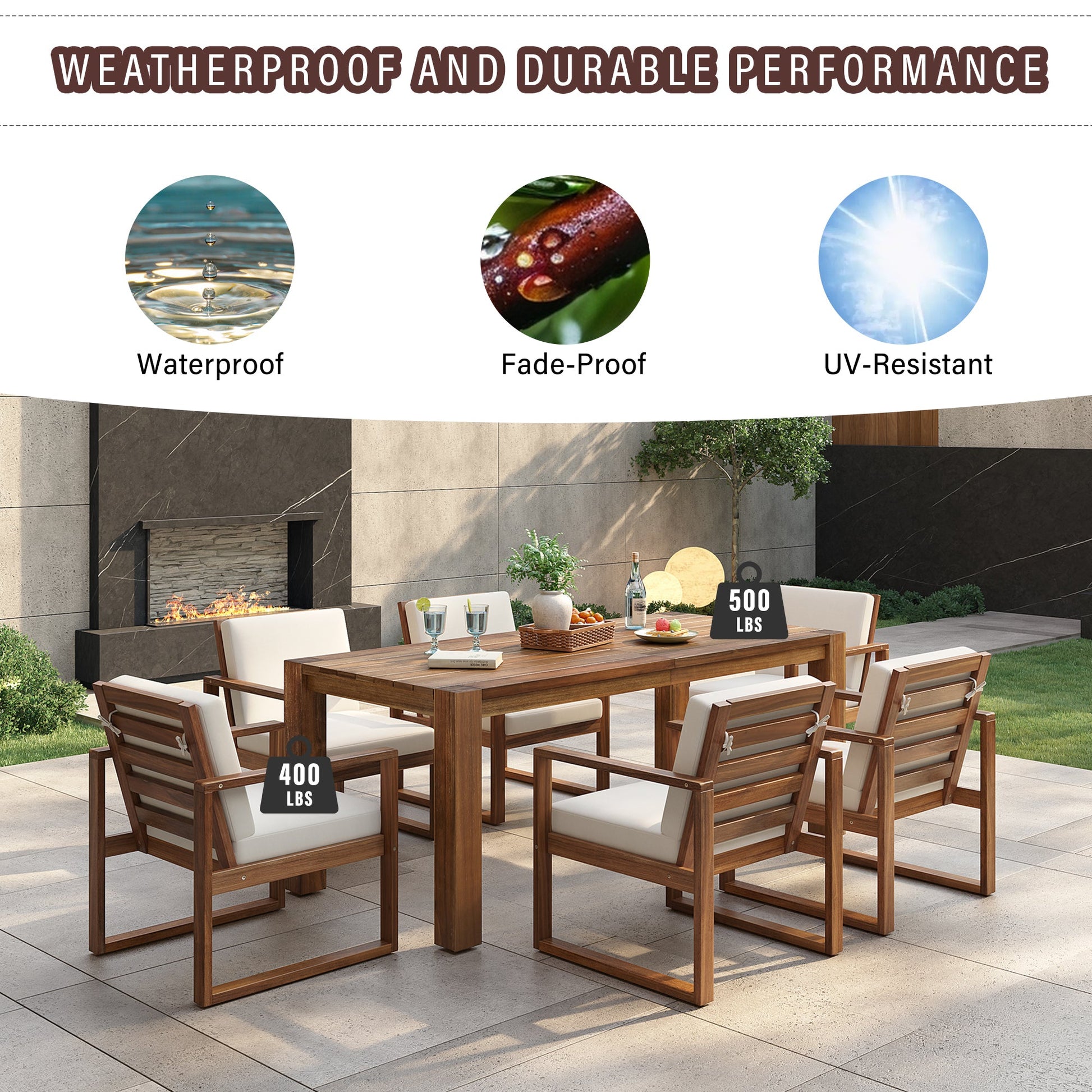 TREXM Patio Table and Chairs Set, Outdoor Dining Set for 6 with Umbrella Hole, 7 Piece Outdoor Patio Furniture Set Wood Frame with Removable Cushion for Garden, Backyard, Lawn, and Poolside - 1st Choice Furniture Direct