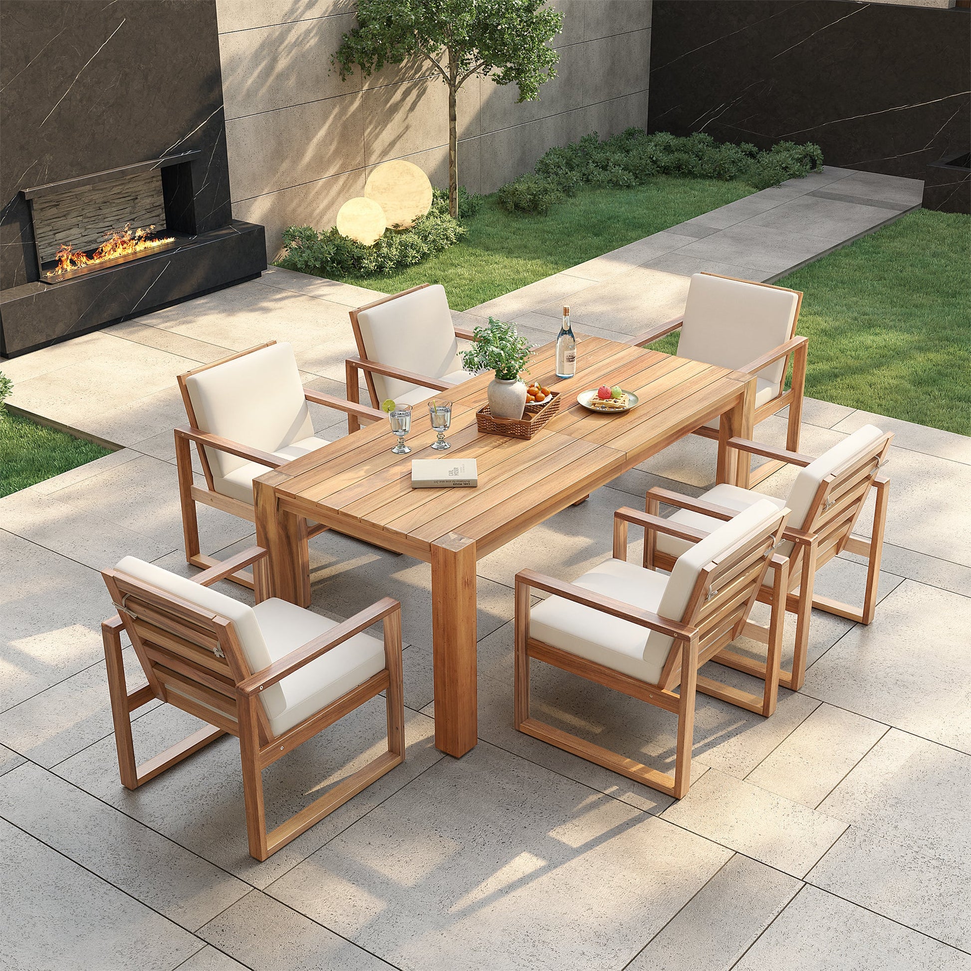 TREXM Patio Table and Chairs Set, Outdoor Dining Set for 6 with Umbrella Hole, 7 Piece Outdoor Patio Furniture Set Wood Frame with Removable Cushion for Garden, Backyard, Lawn, and Poolside - 1st Choice Furniture Direct