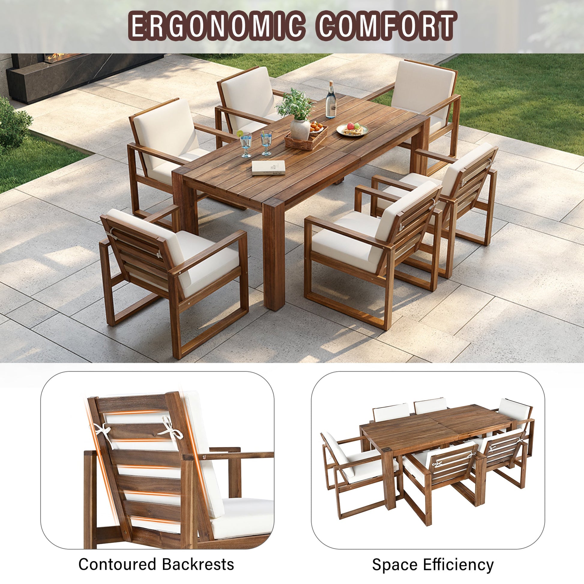 TREXM Patio Table and Chairs Set, Outdoor Dining Set for 6 with Umbrella Hole, 7 Piece Outdoor Patio Furniture Set Wood Frame with Removable Cushion for Garden, Backyard, Lawn, and Poolside - 1st Choice Furniture Direct