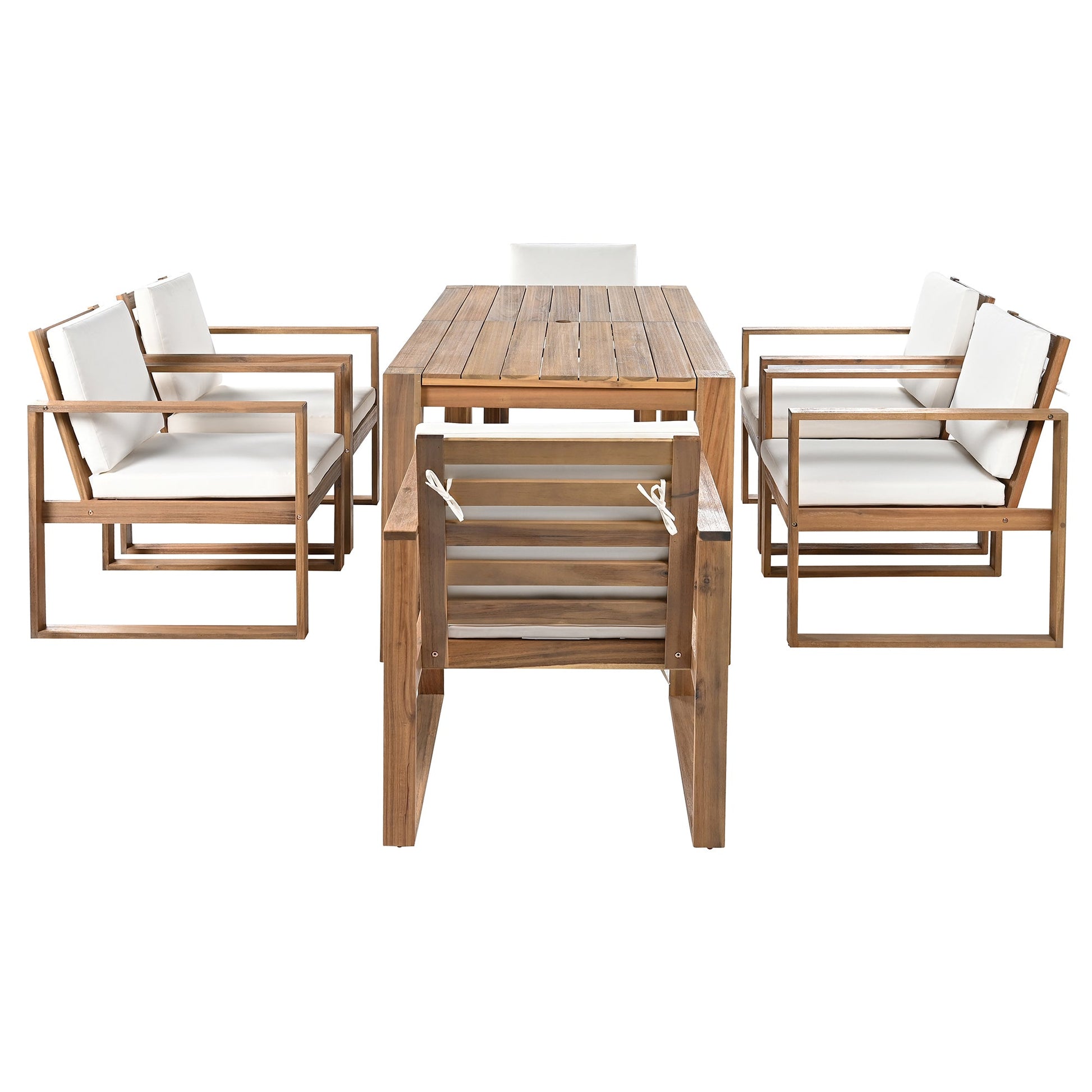 TREXM Patio Table and Chairs Set, Outdoor Dining Set for 6 with Umbrella Hole, 7 Piece Outdoor Patio Furniture Set Wood Frame with Removable Cushion for Garden, Backyard, Lawn, and Poolside - 1st Choice Furniture Direct